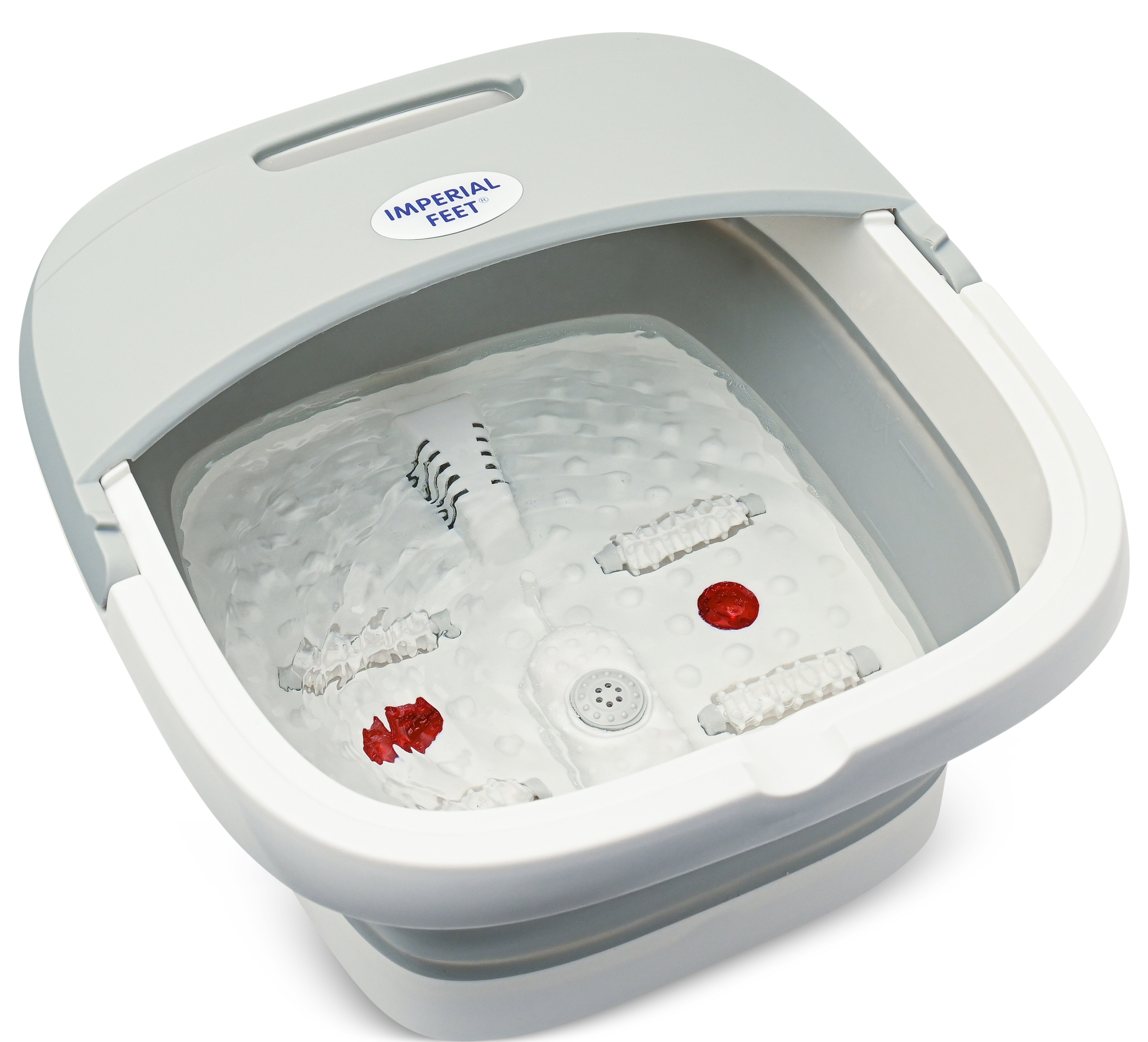 Imperial Feet electric foot spa with massage rollers, bubble function, and red light therapy – perfect for relaxation and foot care.