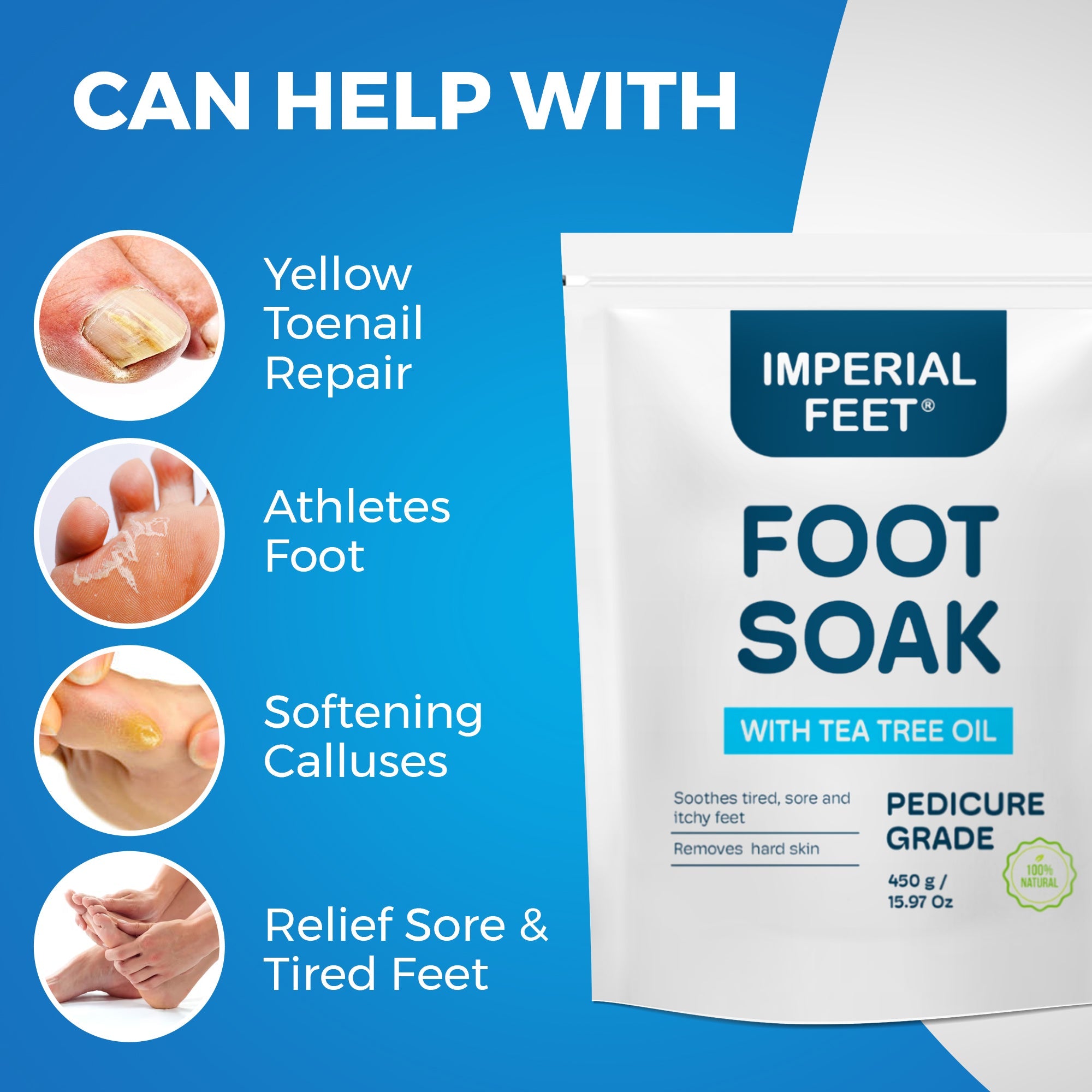Imperial Feet Foot Soak with tea tree oil – for yellow toenail treatment, athlete's foot, callus softening, and tired feet relief – 100% natural pedicure-grade.