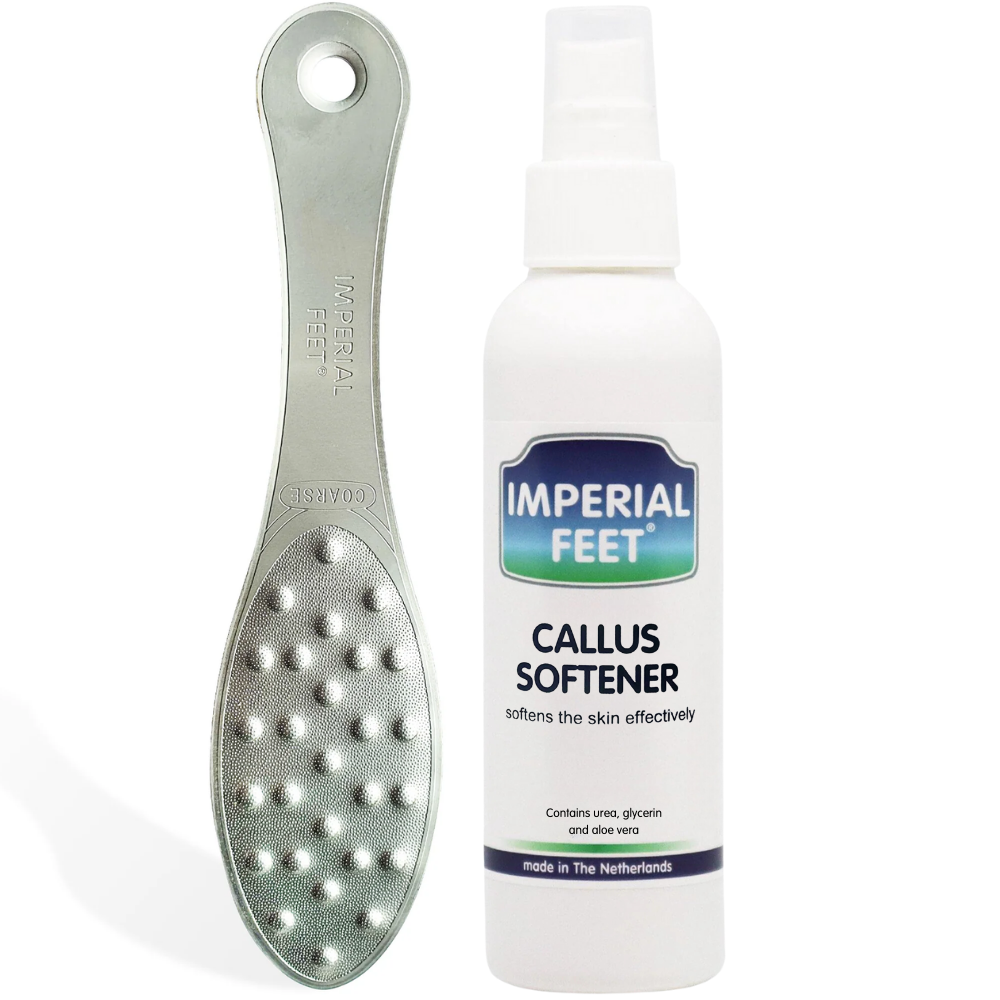 Imperial Feet Callus Softener with professional foot file for effective callus removal.