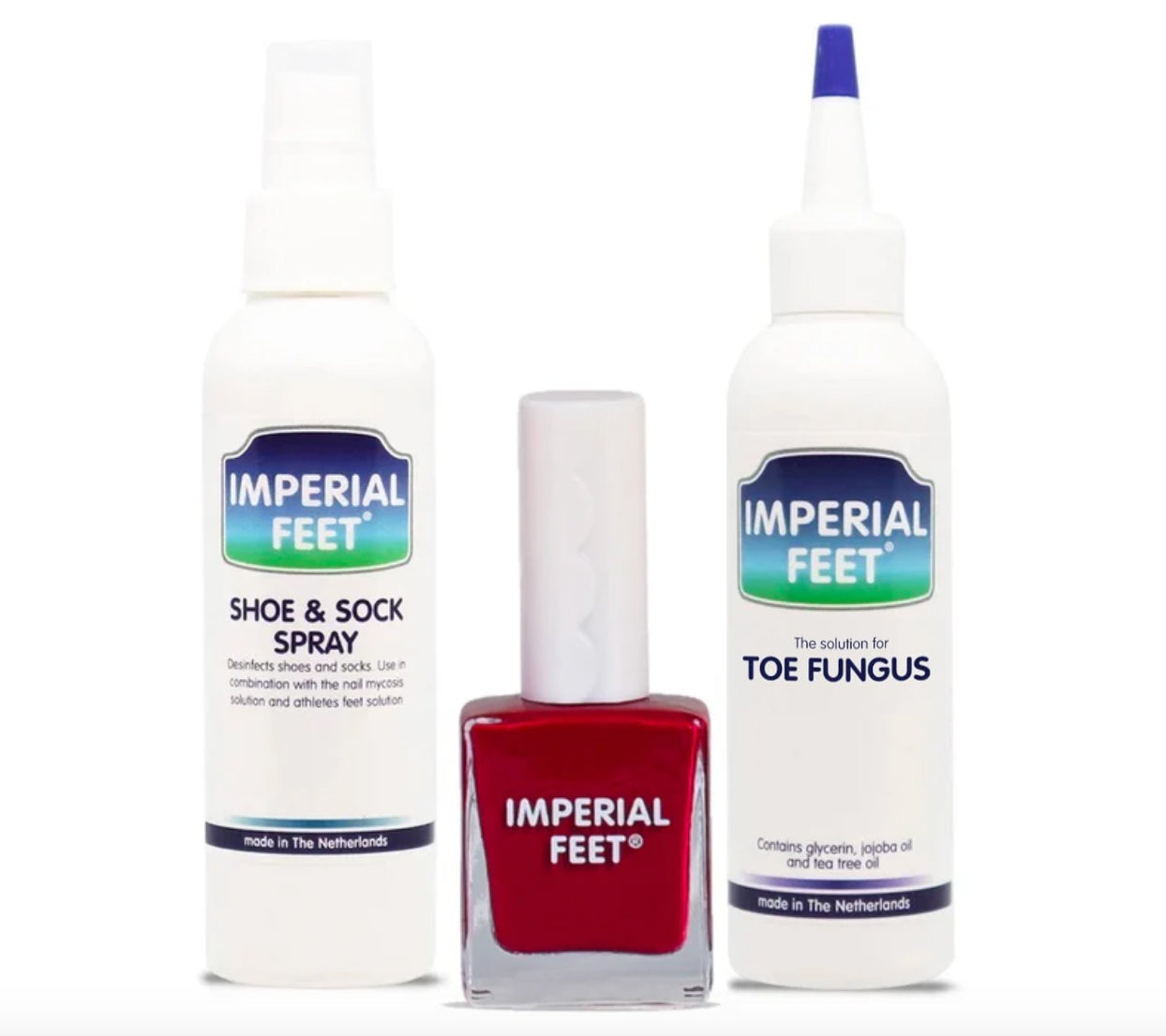 Imperial Feet foot care set with red antifungal nail polish.