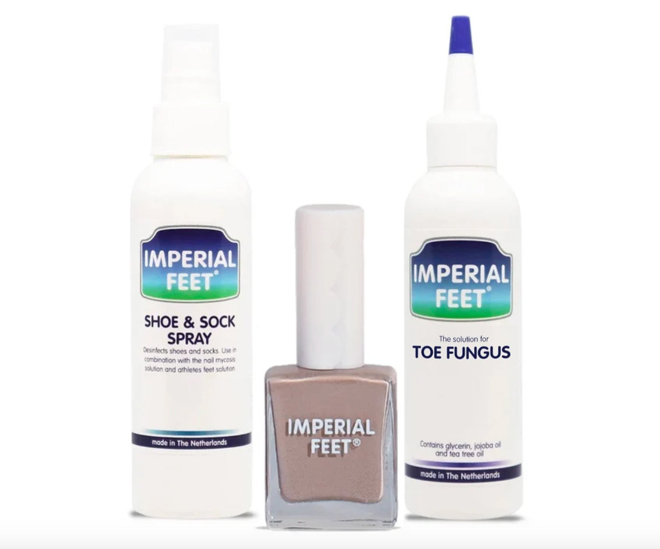 Imperial Feet antifungal foot care set with brown nail polish.