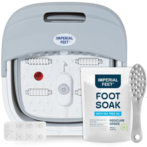 Imperial Feet pedicure kit with electric foot spa, foot file, and tea tree foot soak – complete home spa solution for callus removal and foot care.