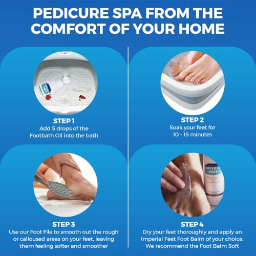 Home pedicure routine with Imperial Feet: footbath oil, soak feet, remove calluses with foot file, and hydrate with Foot Balm.