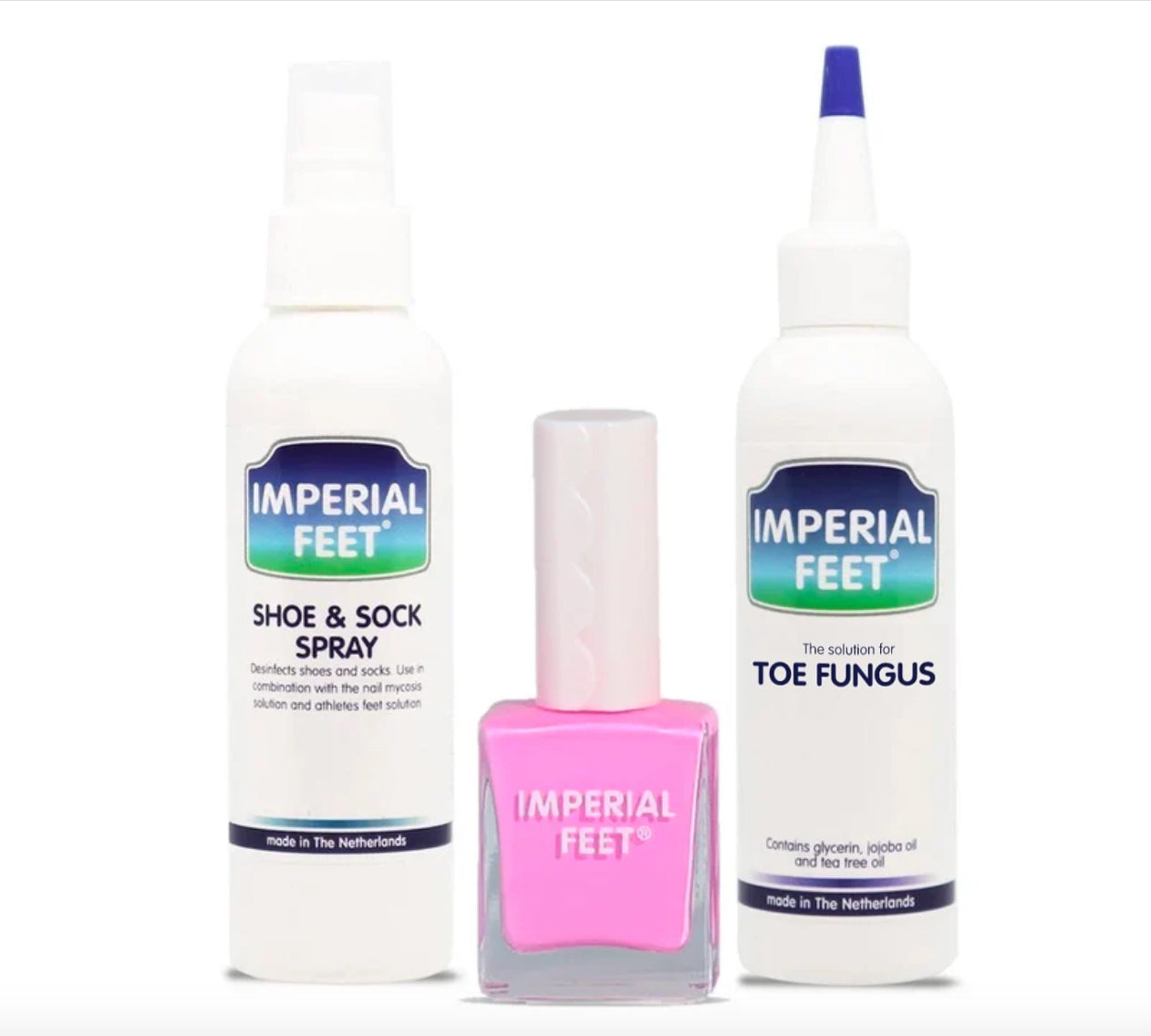 Imperial Feet foot care products with bright pink antifungal nail polish.