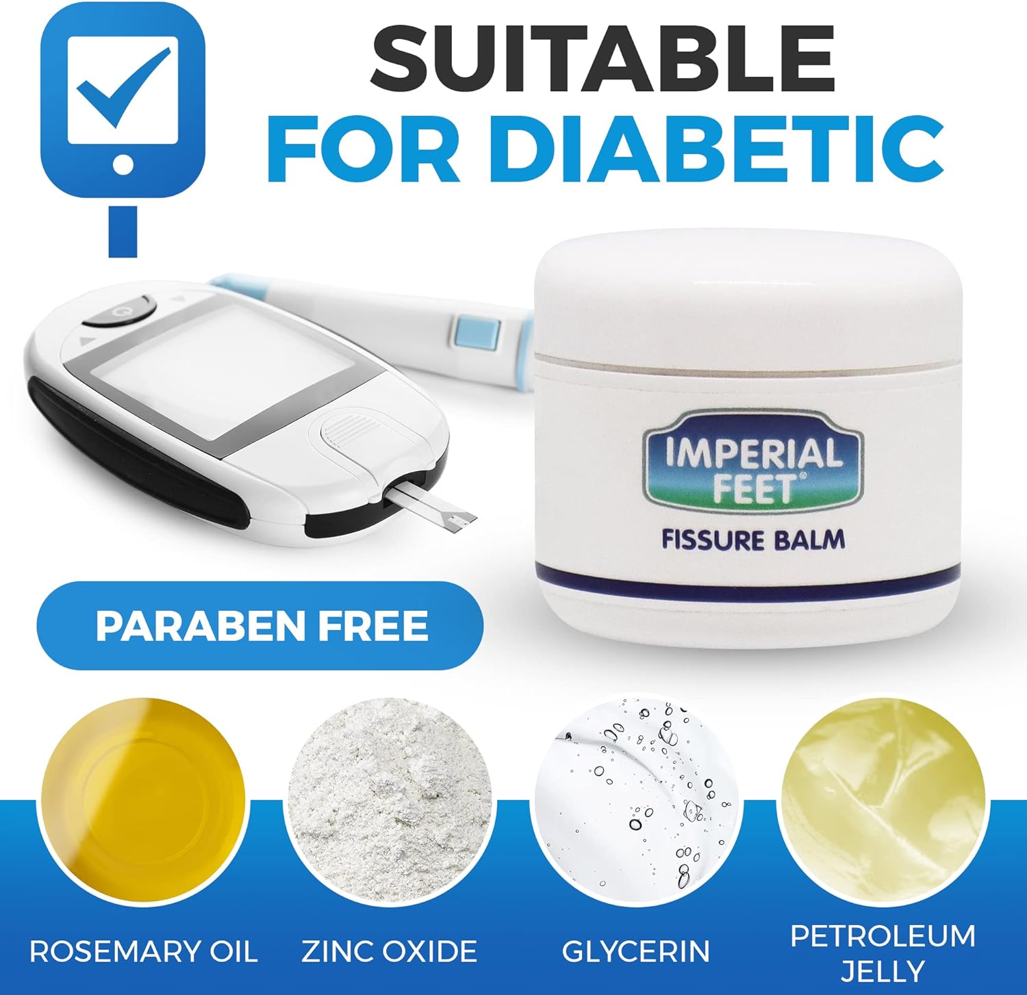 Imperial Feet Fissure Balm – diabetic-friendly, paraben-free formula with rosemary oil, zinc oxide, glycerin, and petroleum jelly