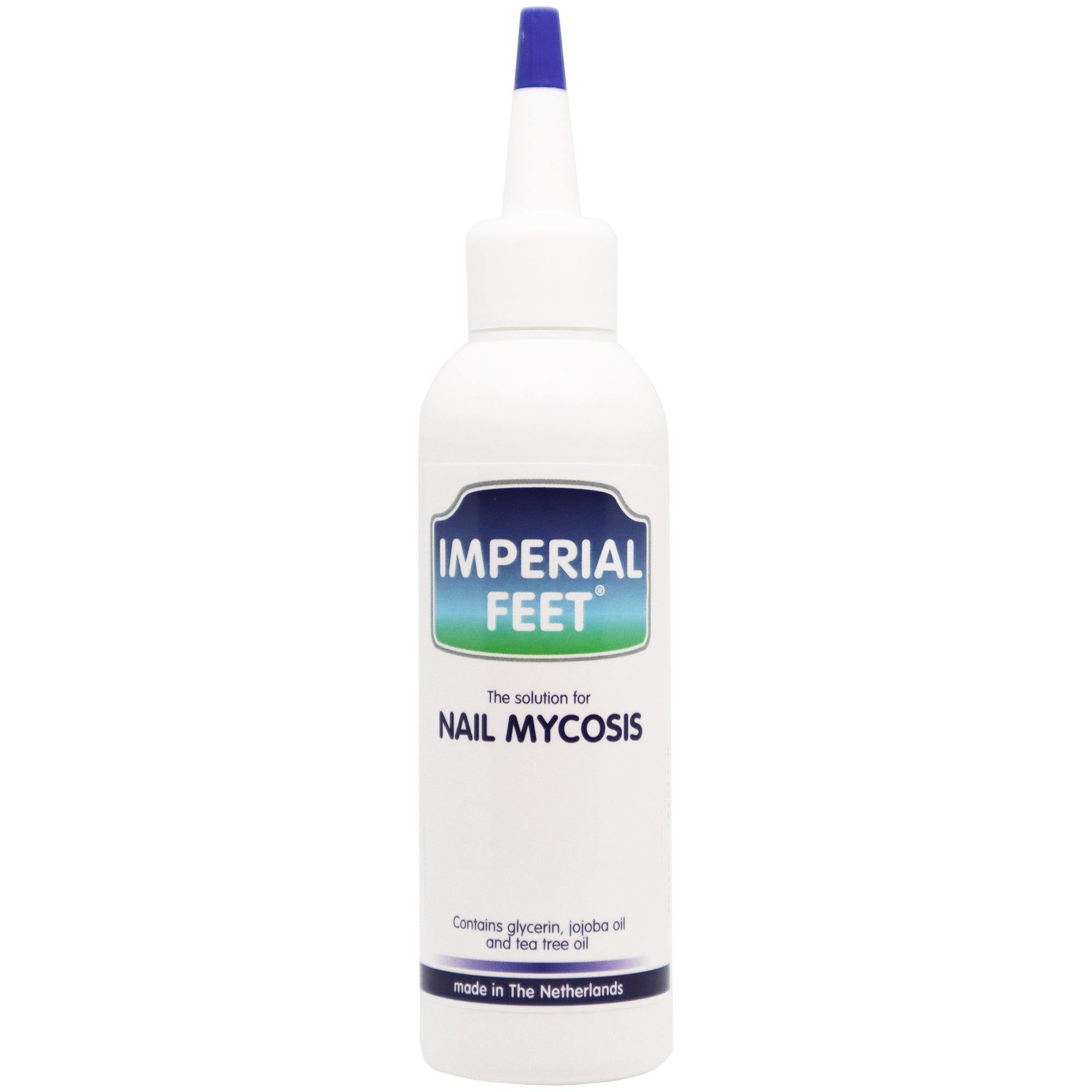 Imperial Feet Nail Mycosis treatment bottle with tea tree oil, jojoba oil, and glycerin, made in the Netherlands for fungal nail care.
