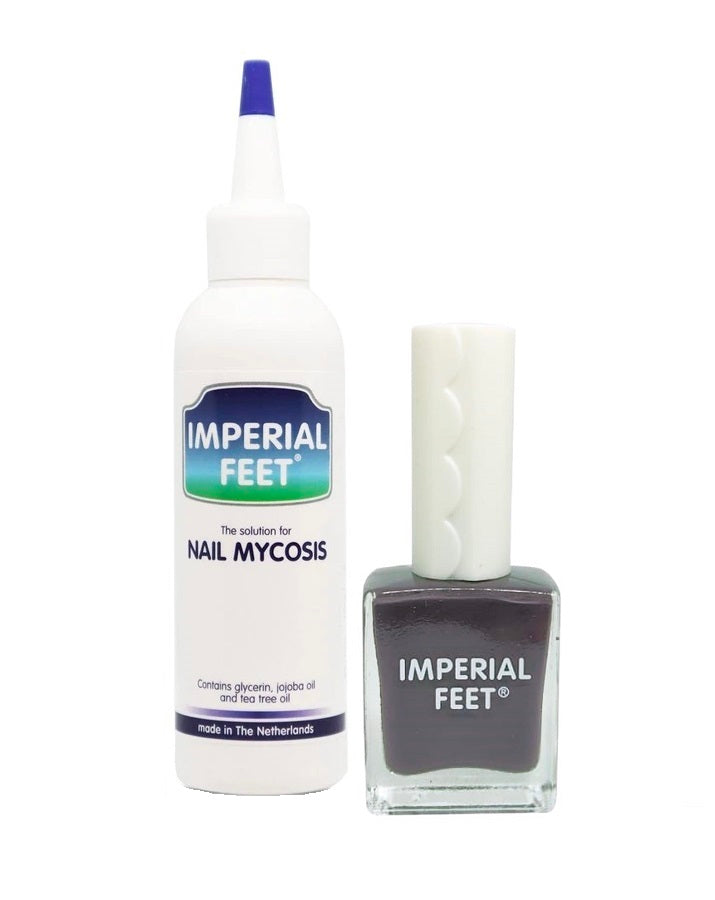 Imperial Feet nail fungus treatment with dark coffee-colored antifungal nail polish.