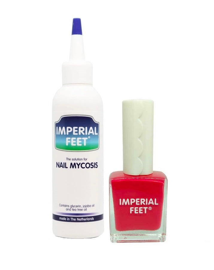 Imperial Feet nail fungus treatment with red antifungal nail polish.