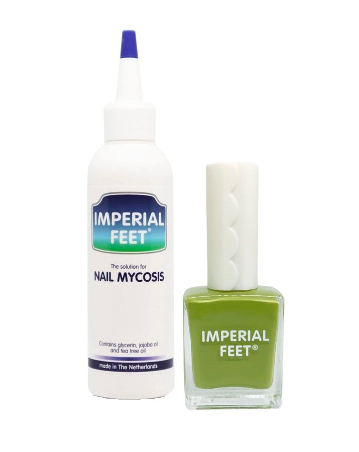 Imperial Feet nail mycosis treatment with olive green antifungal nail polish.