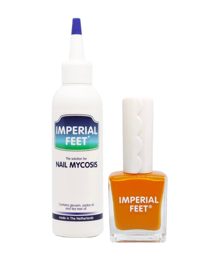 Imperial Feet nail fungus treatment with orange antifungal nail polish.