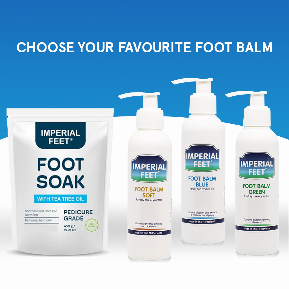 Imperial Feet product lineup with Foot Soak and three variations of Foot Balm – Soft, Blue, and Green
