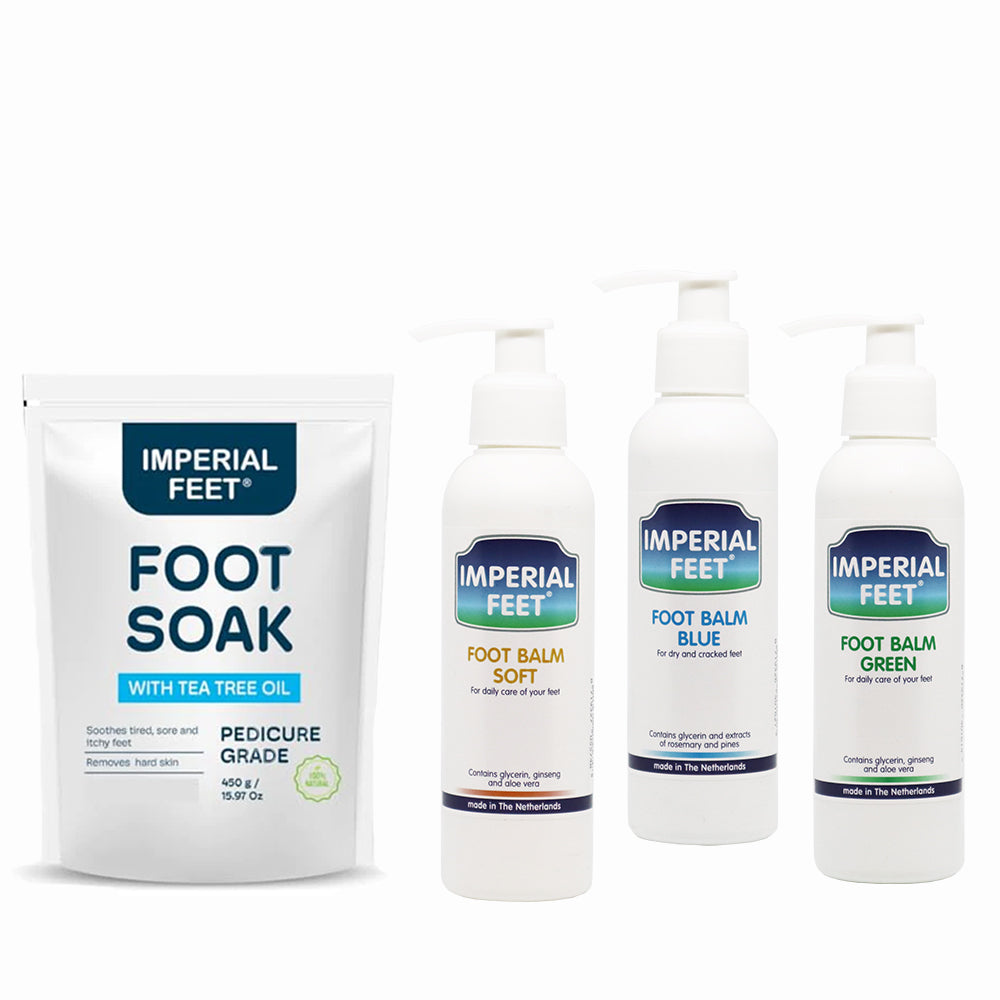 Imperial Feet Foot Care Set featuring Foot Soak with Tea Tree Oil, Foot Balm Soft, Foot Balm Blue, and Foot Balm Green – a complete routine for soft, healthy feet