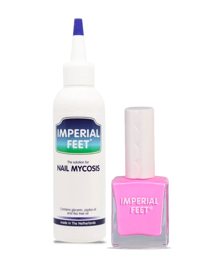 Imperial Feet Nail Mycosis treatment paired with pink antifungal nail polish for effective fungal nail care and vibrant nail color.