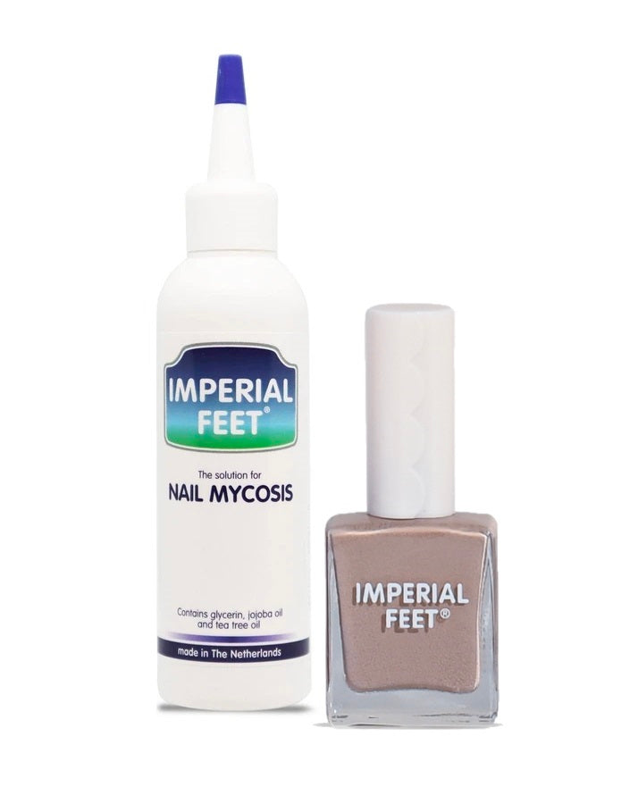 Imperial Feet Nail Mycosis treatment paired with nude antifungal nail polish for effective fungal nail care and vibrant nail color.
