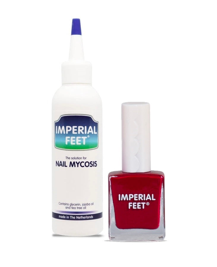 Imperial Feet Nail Mycosis treatment paired with red antifungal nail polish for effective fungal nail care and vibrant nail color.