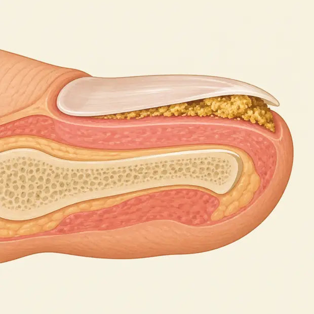 Cross-section of a toe: the nail plate on top and the fungus in the layer beneath it